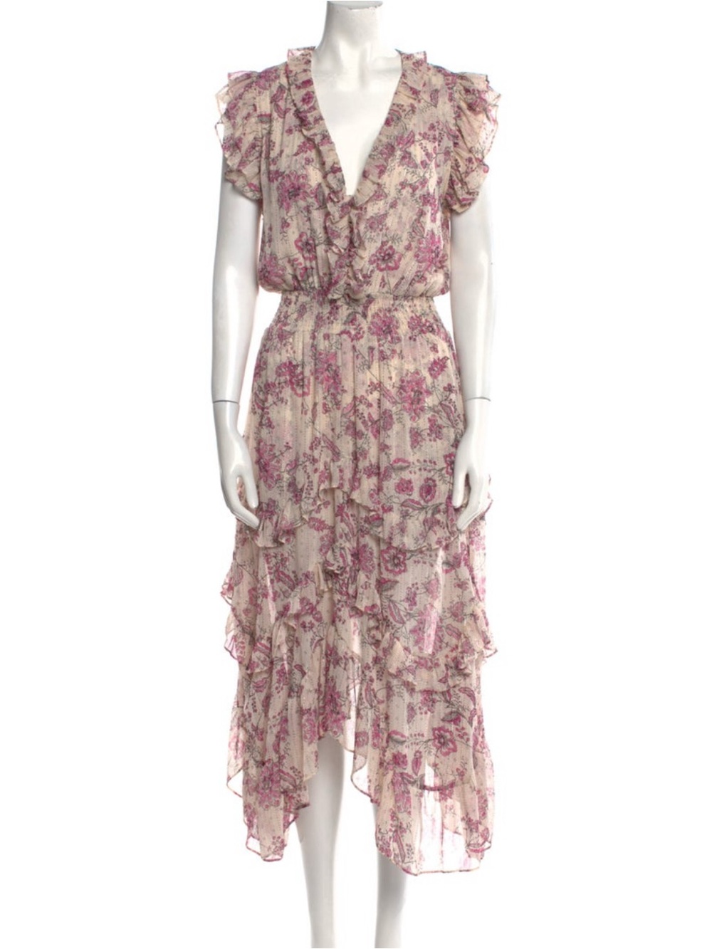 MISA Size S Floral Ruffle Midi Dress in Cream and Pink Metallic